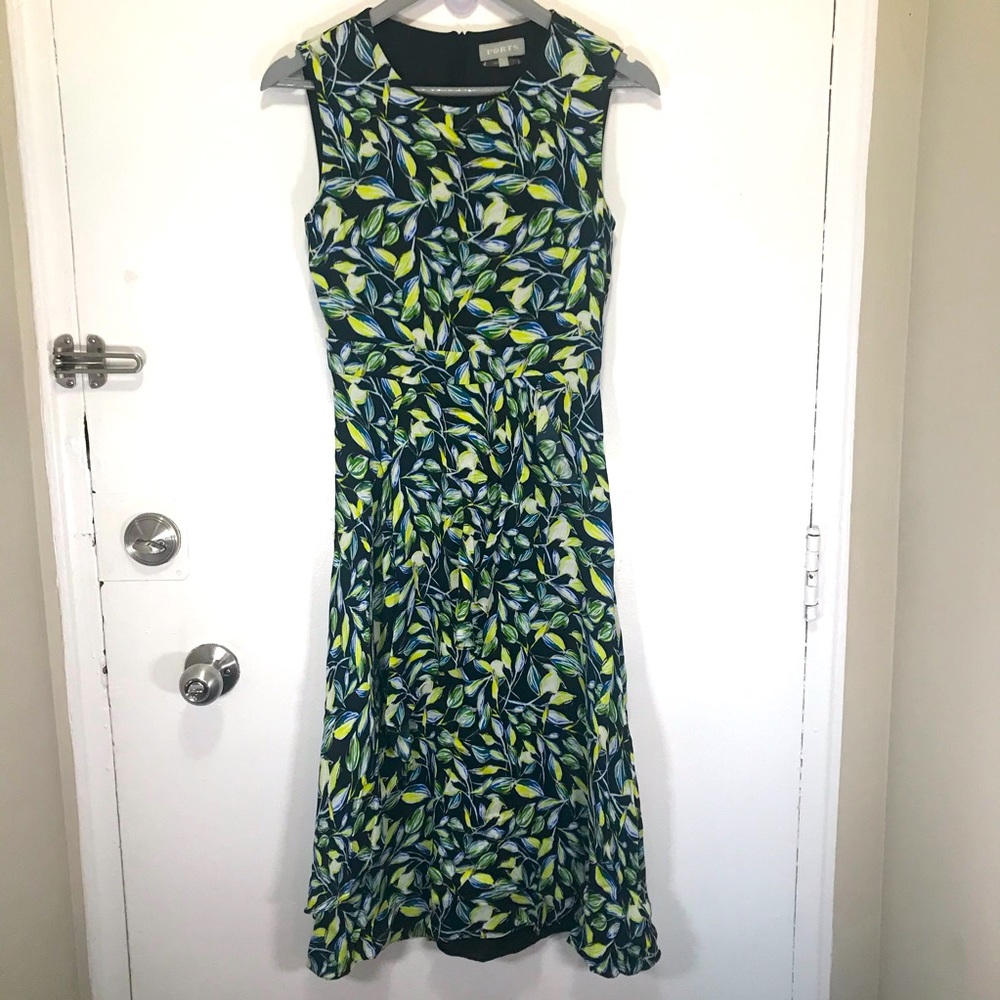 Ports midi black sleeveless dress yellow blue green leaves prints all ov…